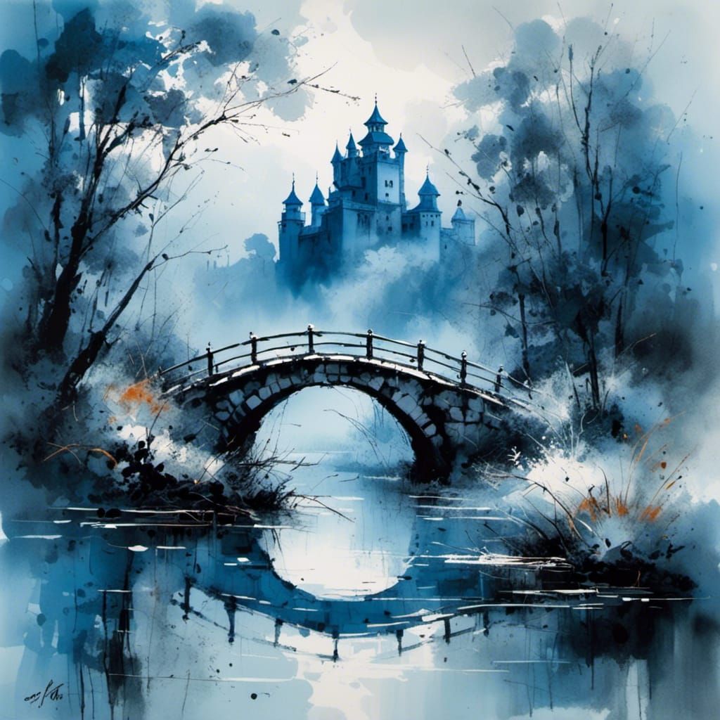 Blue Forest and Castle Ink Painting