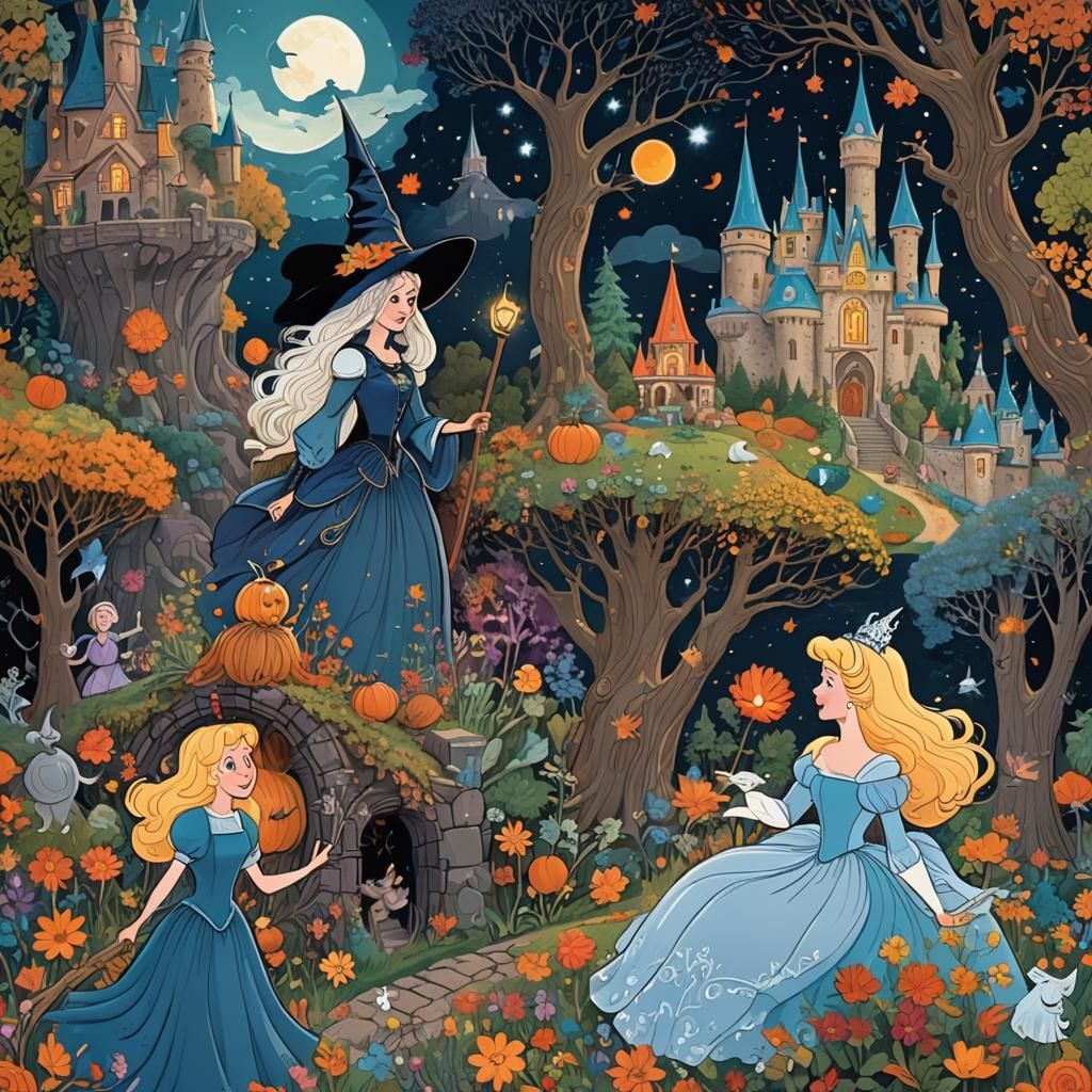 Cinderella and Witch Celebrate in Colorful Landscape