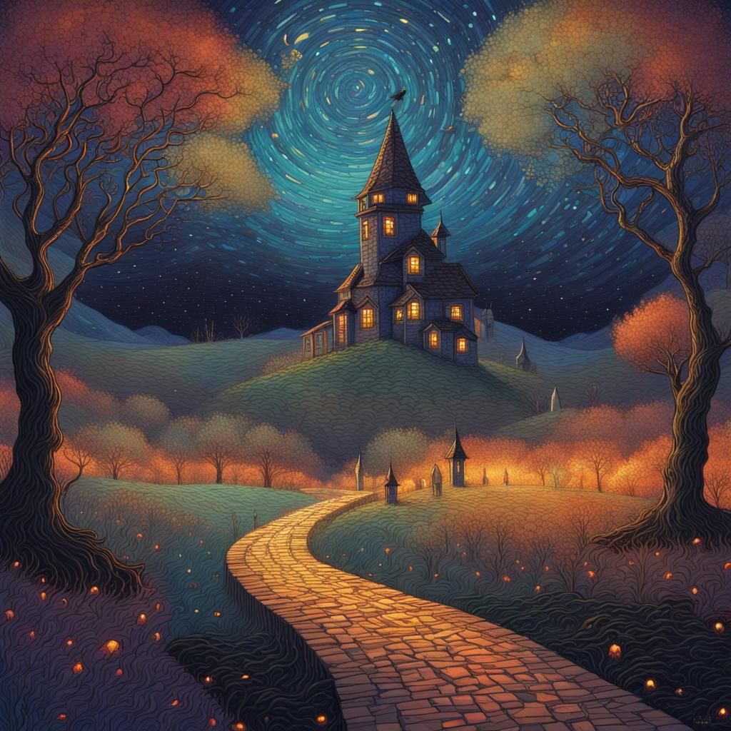 Haunted Path at Night with Crows and Nebula