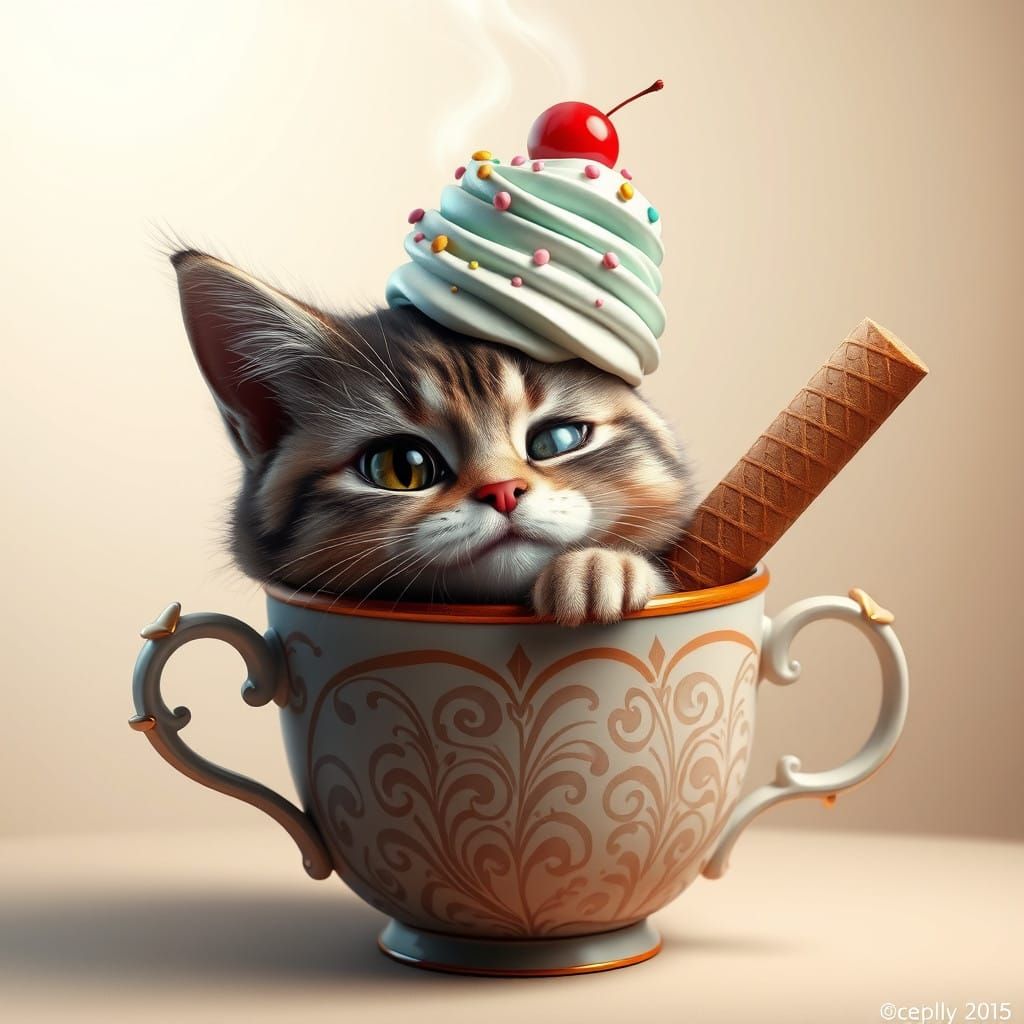 Whimsical Feline in Coffee Cup with Ice-Cream Tiara