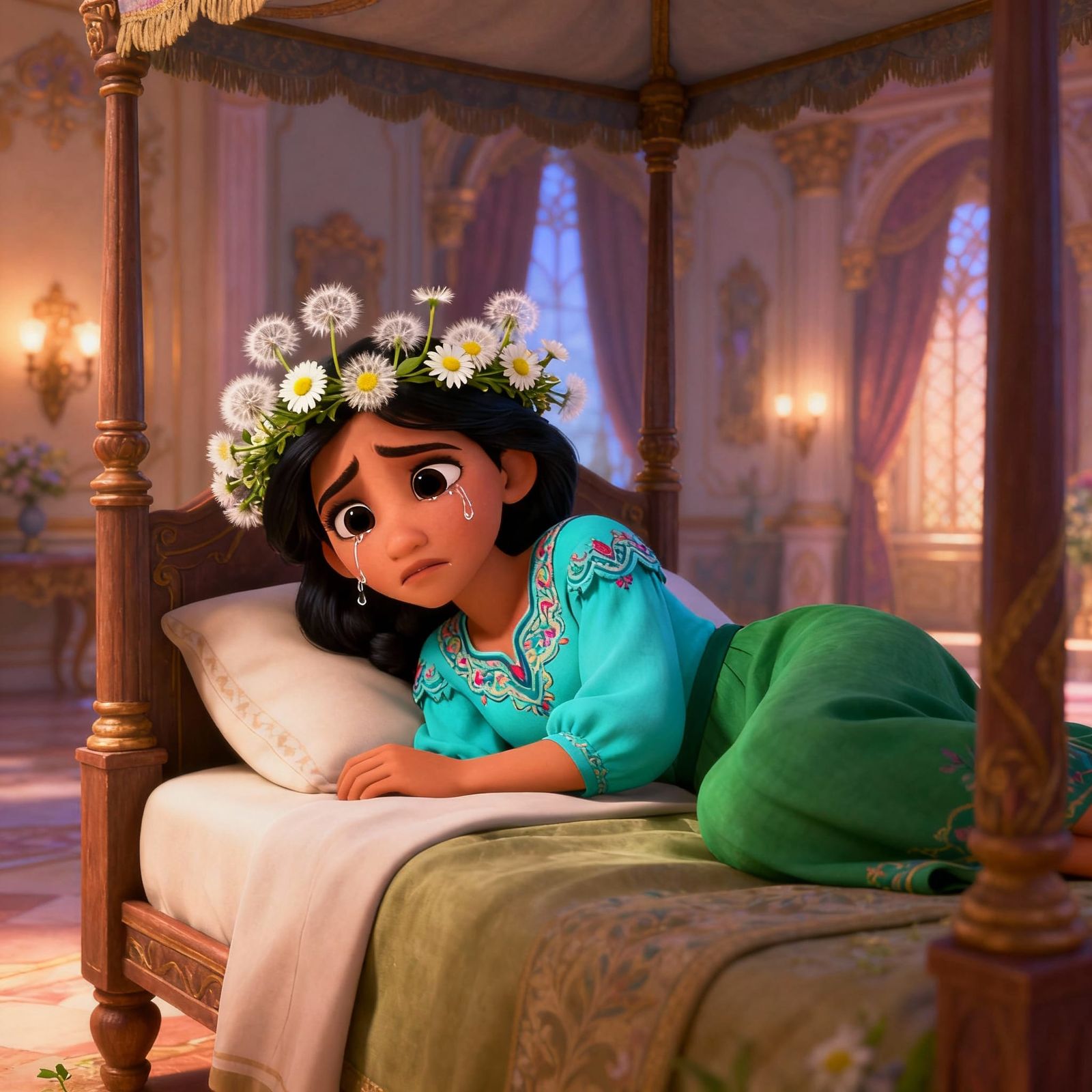 Sad Princess with Dandelion Wreath in Disney Style