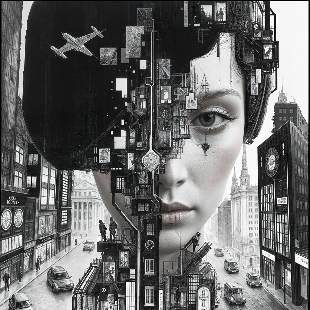 Futuristic Metropolis Double Exposure in German Expressionis...