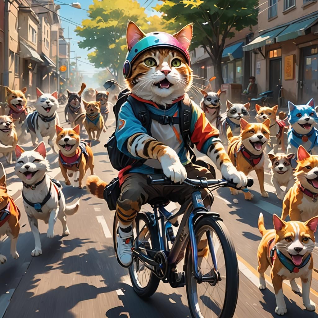 Happy Cat Rides Bicycle in 3D Anime Style
