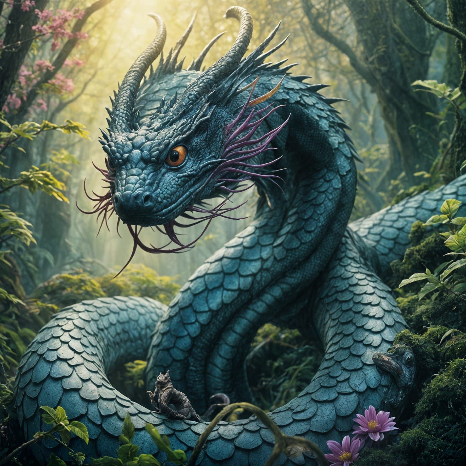 Dragon Snake in Enchanted Forest, Detailed Matte Painting