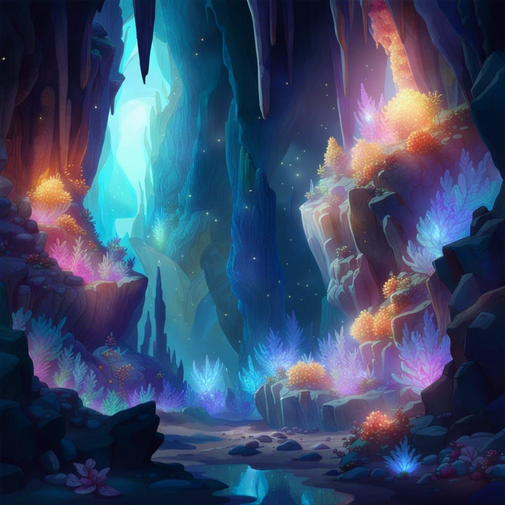 Ethereal Luminous Cave with Sparkling Crystals
