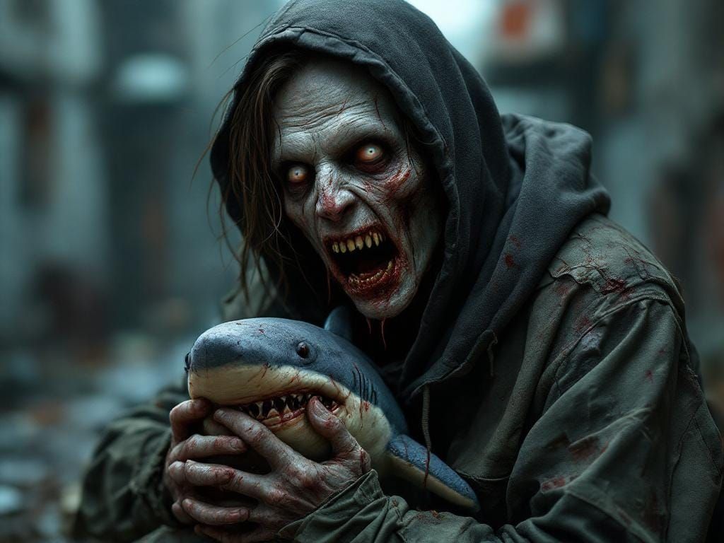 Hyperrealistic Zombie with Plush Shark in HDR