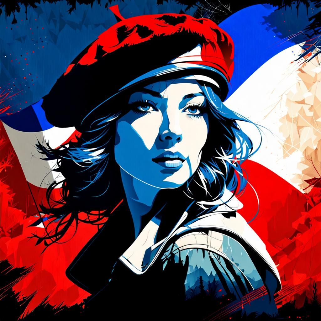 French Woman Double Exposure Portrait in Ink Art Style