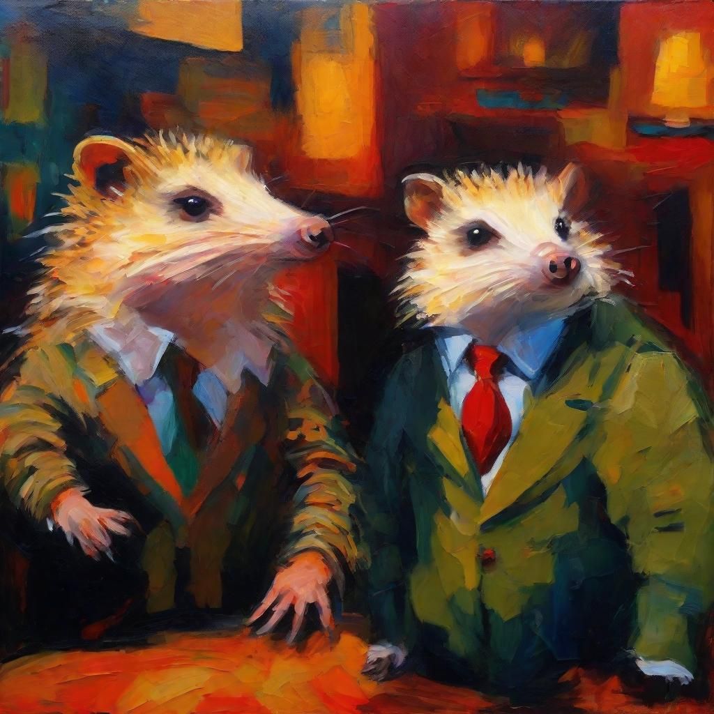 Hedgehogs Trading in Fauvist Expressionist Style