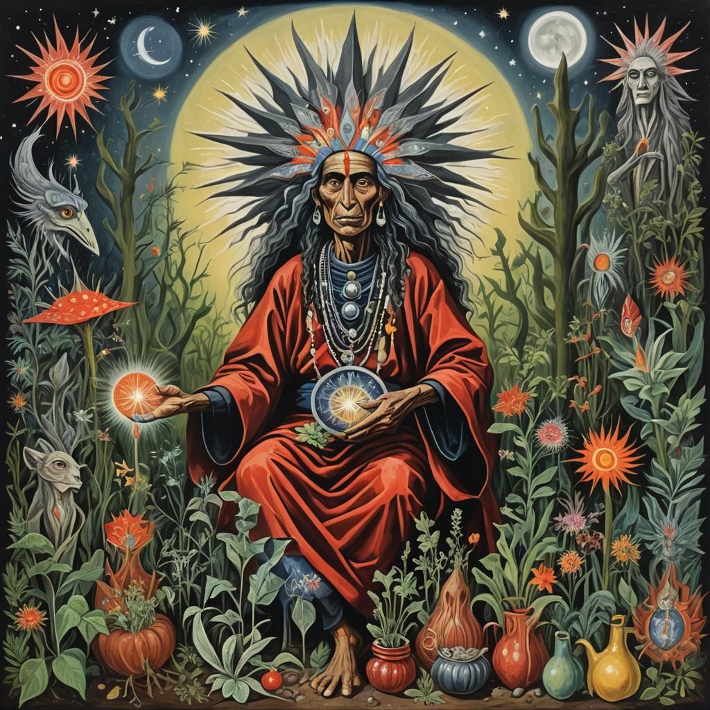 Magical Shaman Village Under Sparkling Stars in Gouache