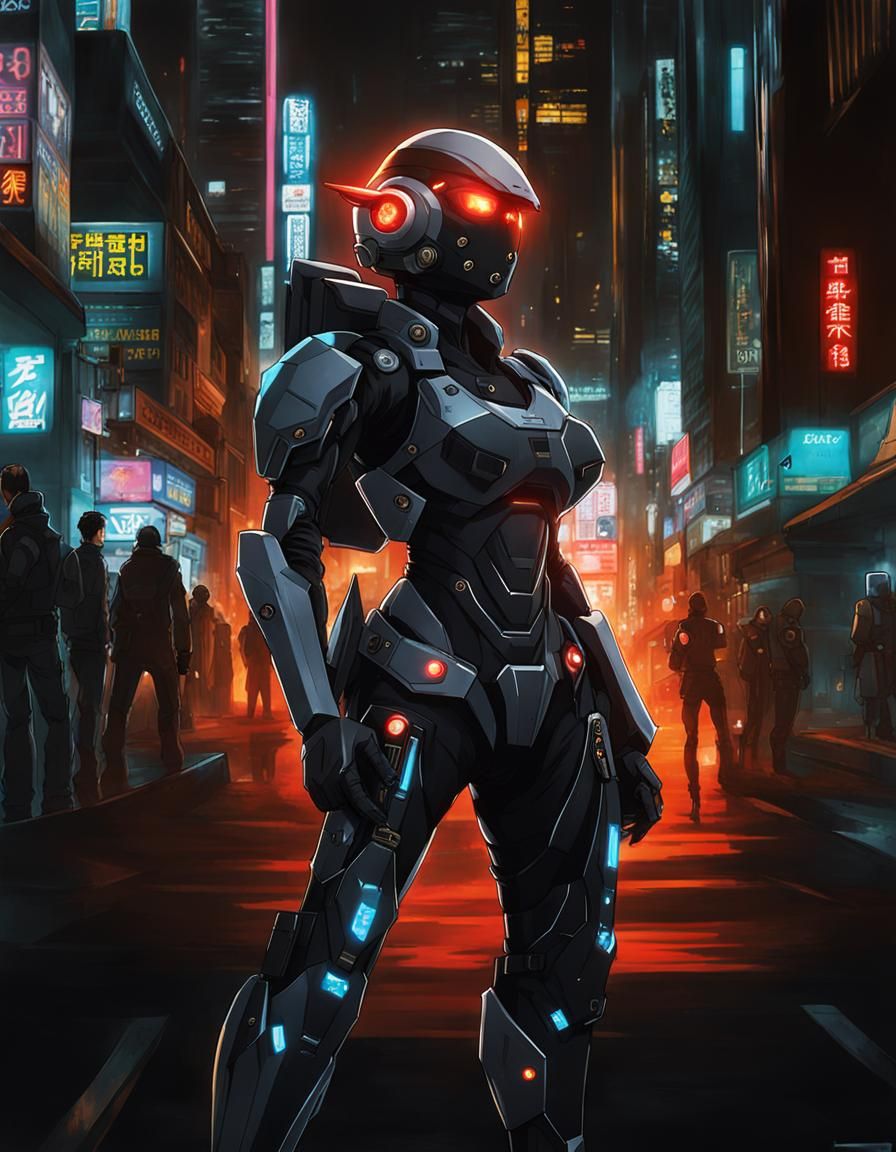 Cyborg Patrolling Cyberpunk City in Anime Style