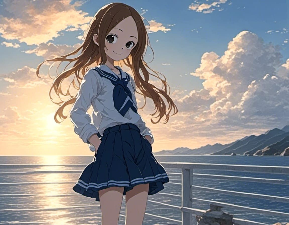 Cute Student Gazing at Seaview in Moe Art Style