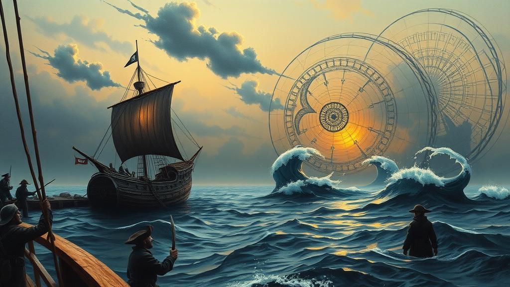 Pirate Island at Dusk with Drunken Pirates in Surrealist Sty...