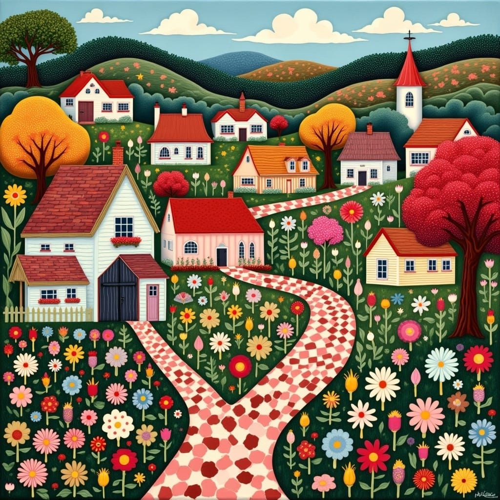 Naive Village Landscape with William Morris Patterns