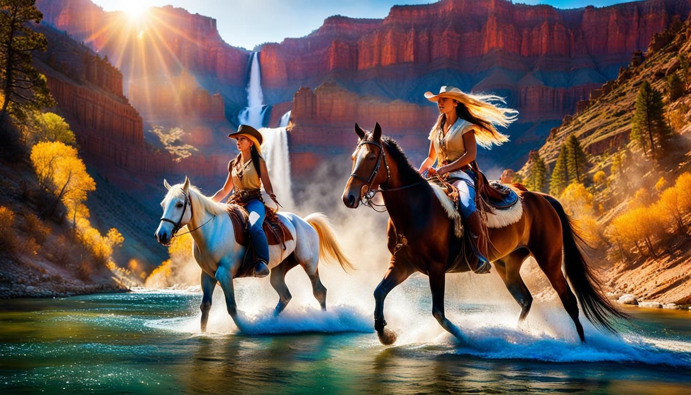 Cowgirls Crossing Grand Canyon in Psychedelic Art