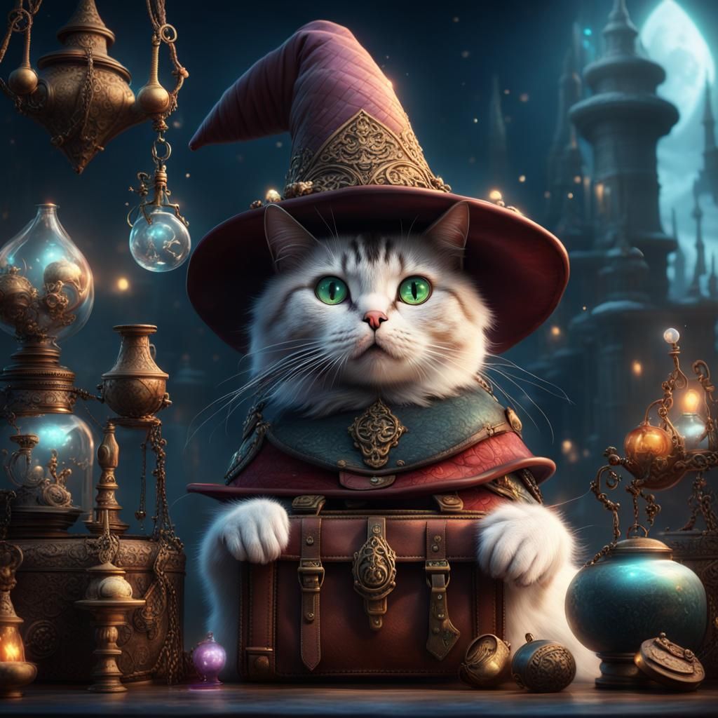 Insane Cat Wizard with Magical Items