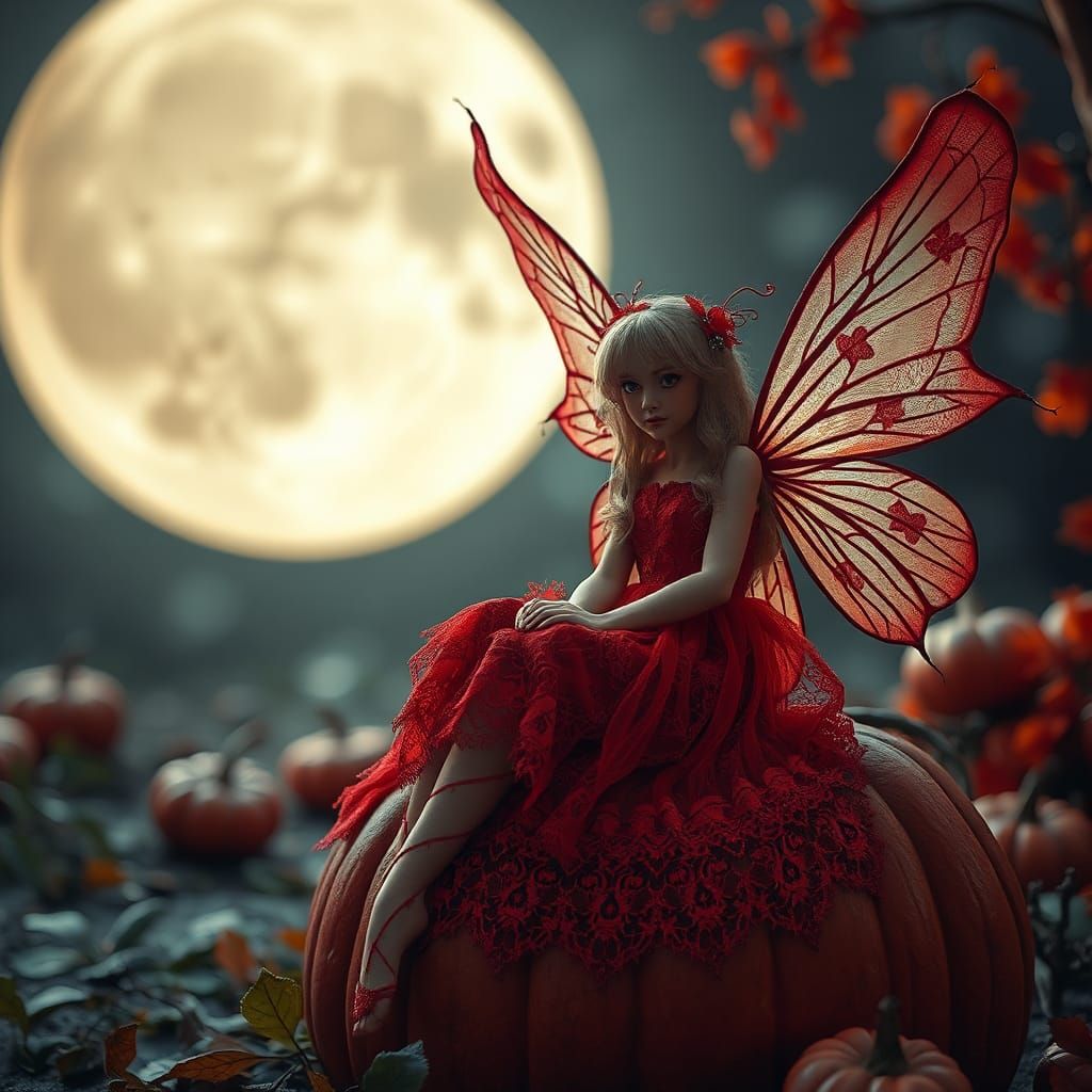 Red Fairy on Pumpkin Under Moon