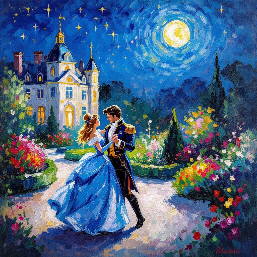 Cinderella and Prince Waltz Under Starry Night