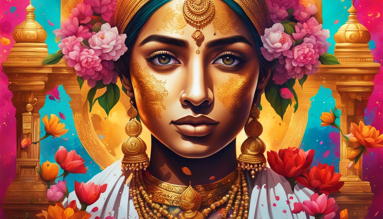 Indian Woman with Golden Temples in Graffiti Art