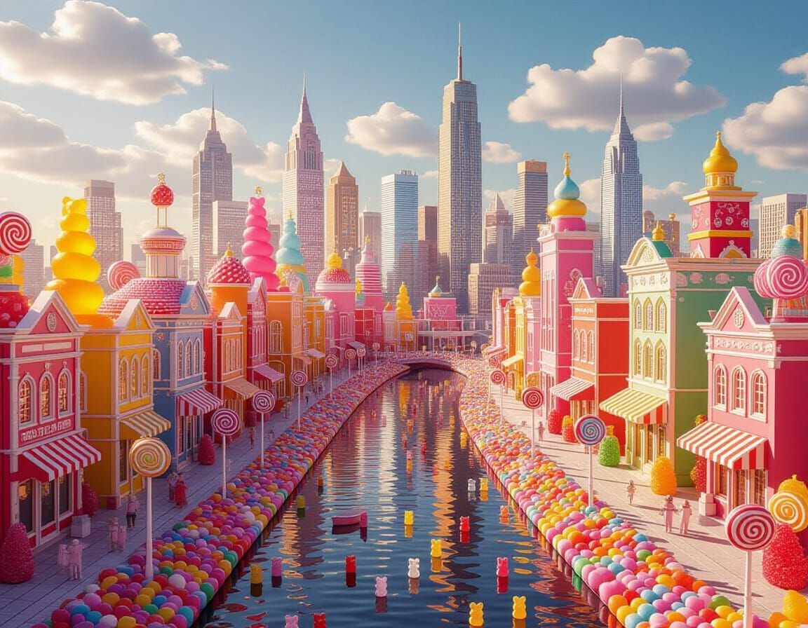 Gummy Bear City Skyline with Lollipop Lampposts