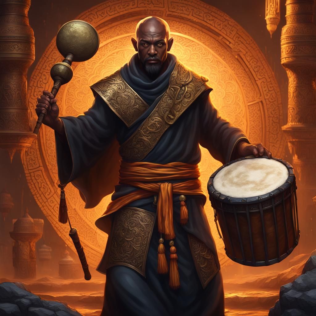 Fantasy Art of a Black Human Monk with Drum