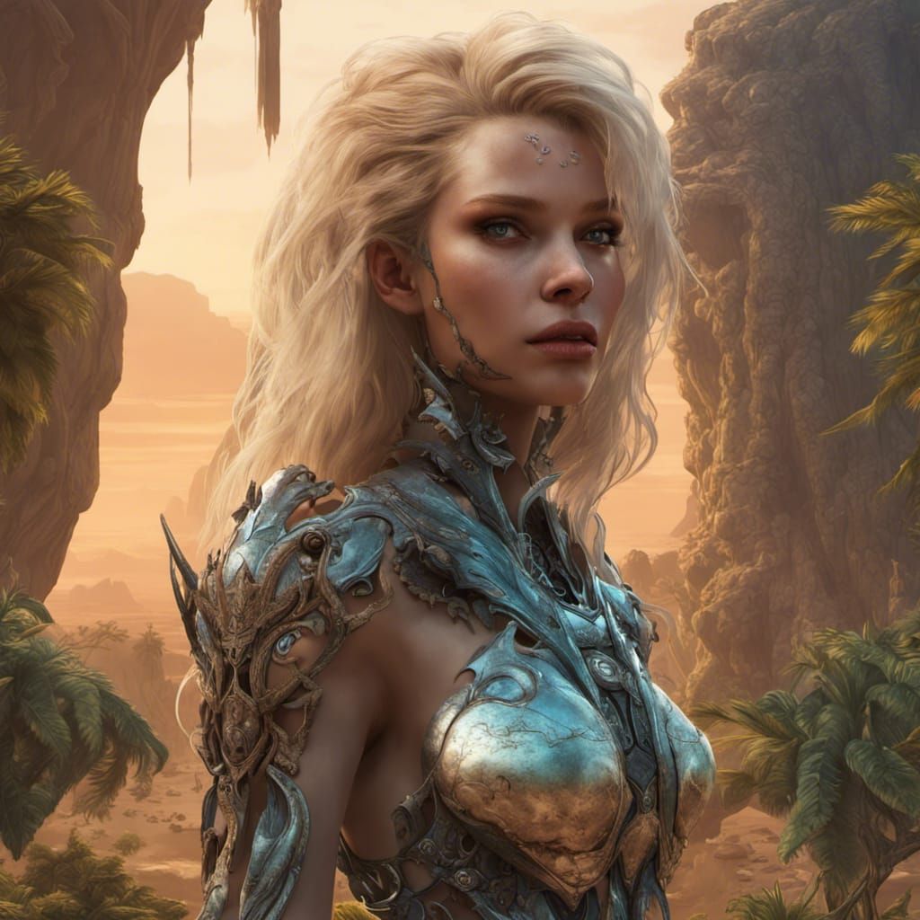 Alien Woman Portrait in a Detailed Fantasy Landscape
