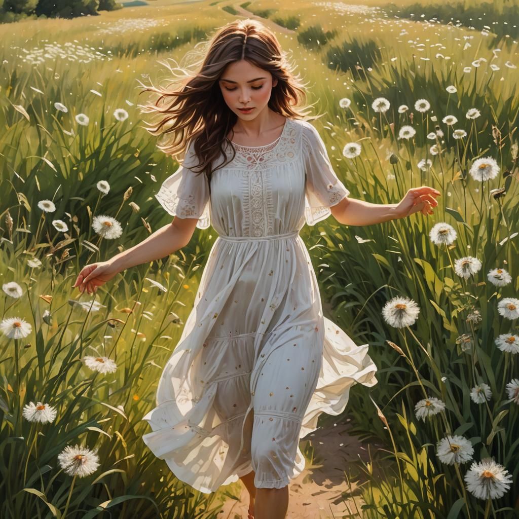 Girl in Summer Dress in Lush Countryside