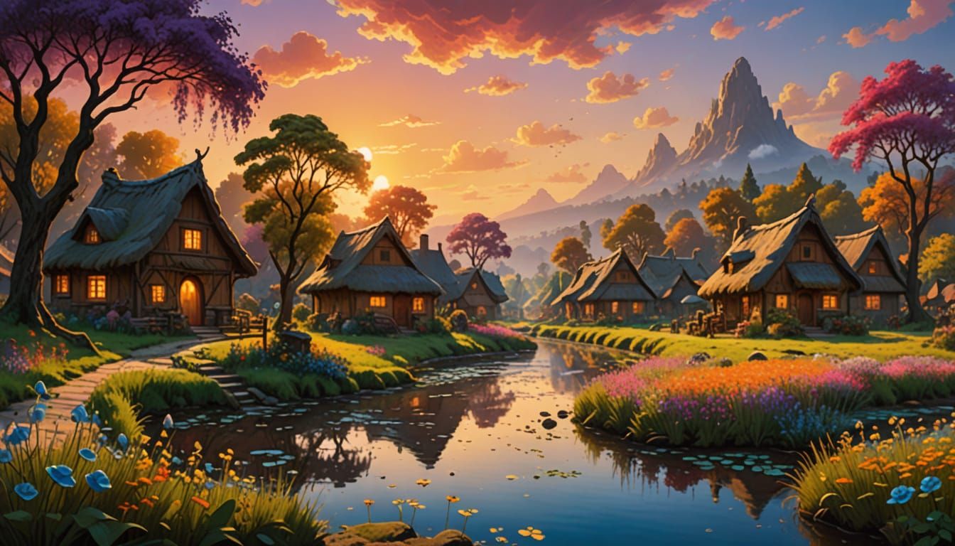 Impressionist Smurf Village in a Lush Meadow