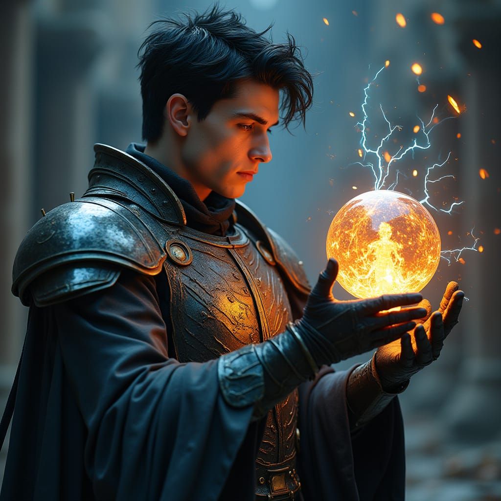 Artificer in Glass Armor Holding Orb of Black Flame