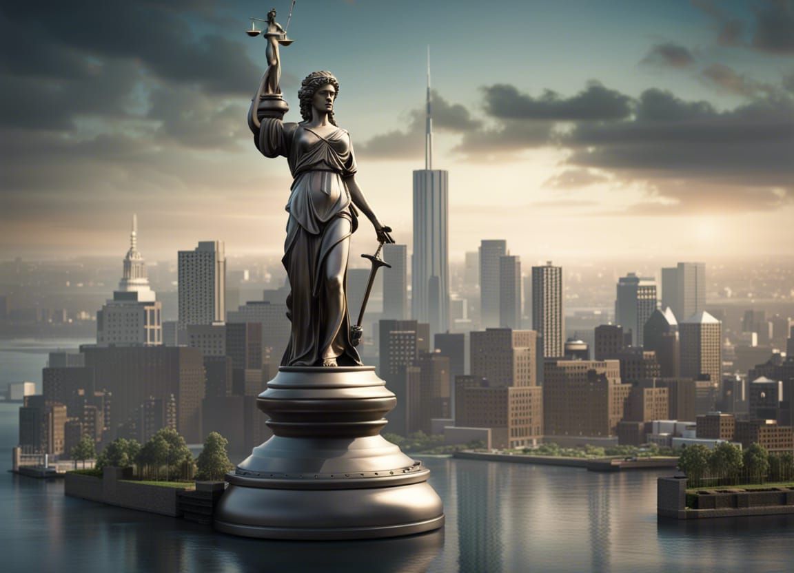 Ultrarealistic City Skyline with Lady Justice Statue