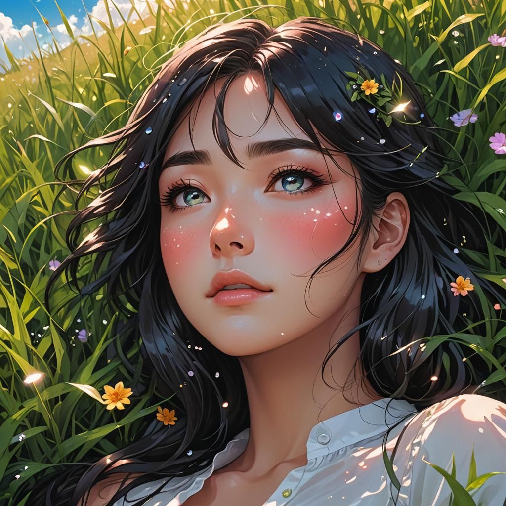 Girl Crying in Magical Field, Anime Comic Style