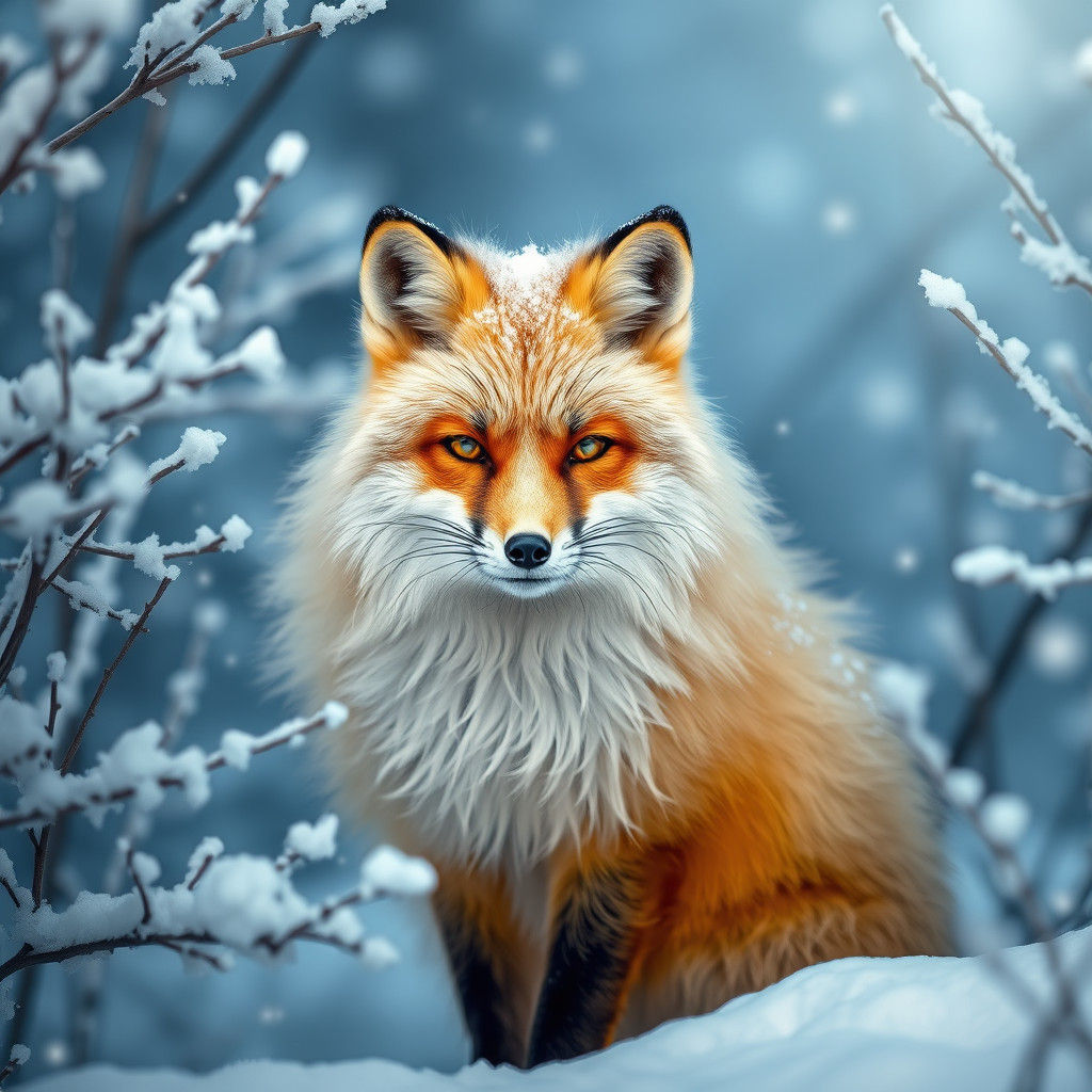 Majestic Fox in Snow-Dusted Forest: Hyperrealistic Image