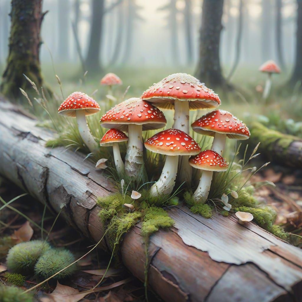 Watercolor Fly Agaric Mushrooms in Misty Forest