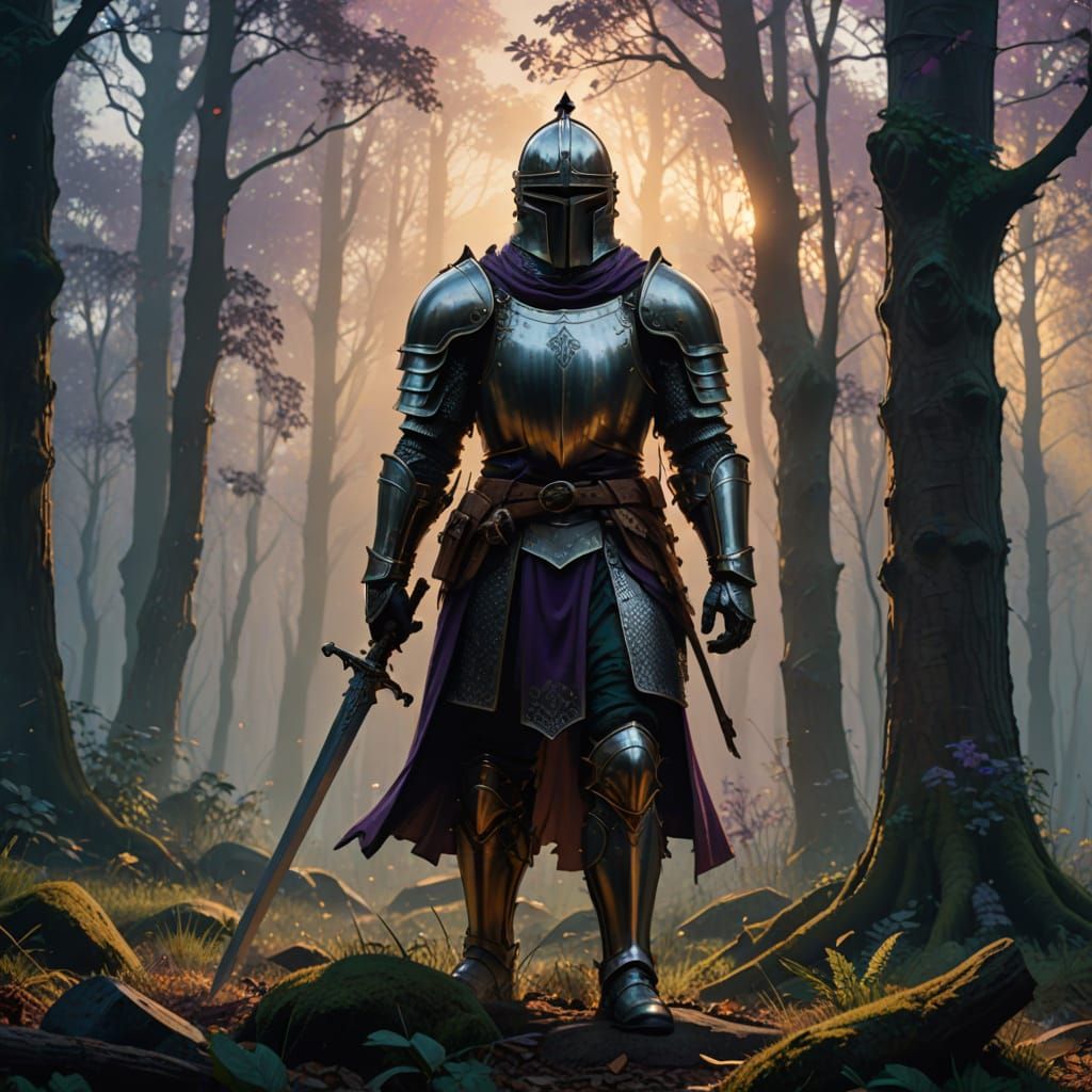Victorious Medieval Knight in Mystical Forest Landscape
