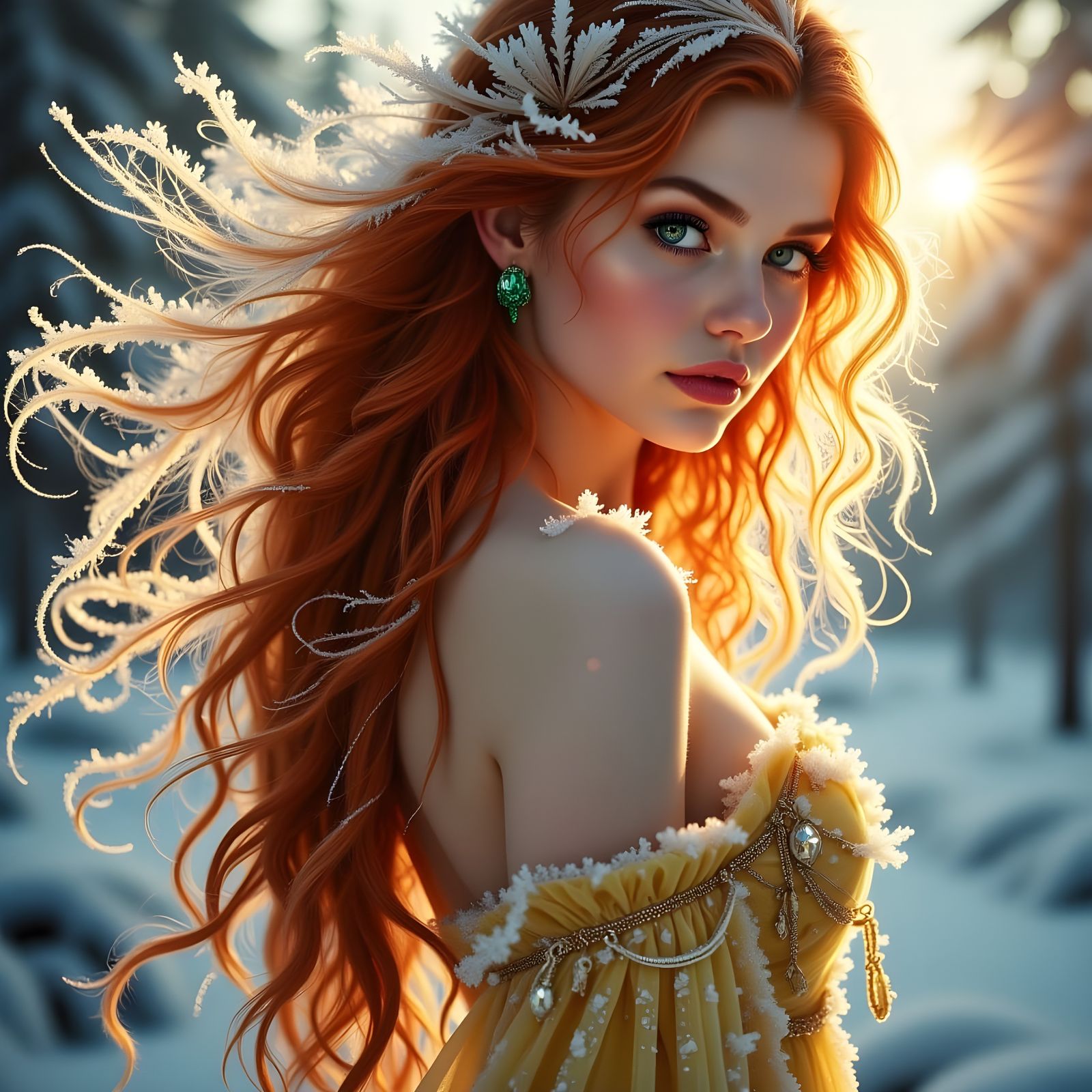 Ethereal Norse Goddess with Frost-Covered Hair and Emerald P...