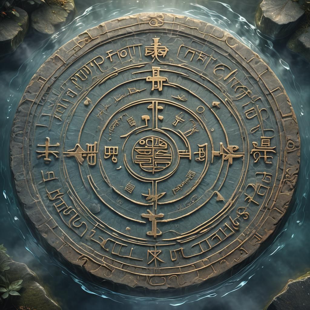 Mystical Stone Tablet Surrounded by Water