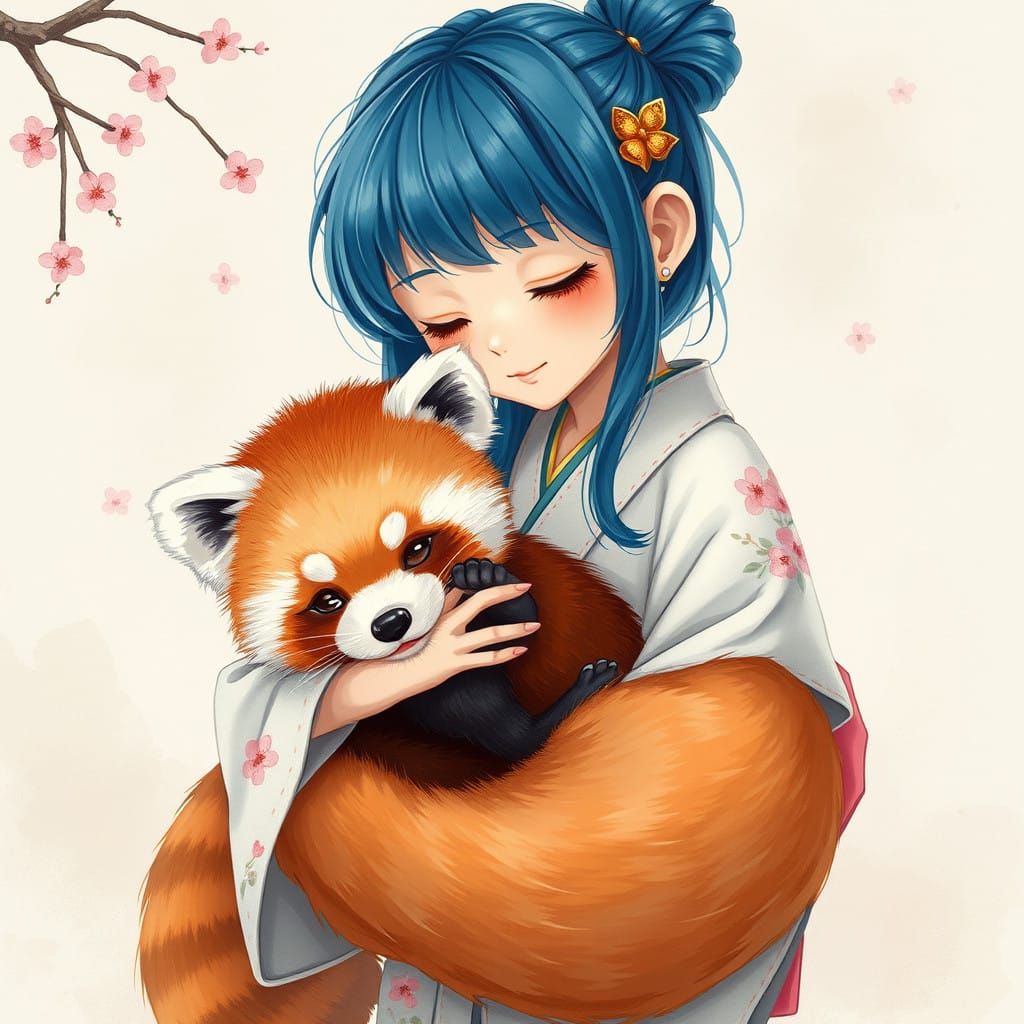 Girl with Electric Blue Hair and Red Pandas in Whimsical Jap...