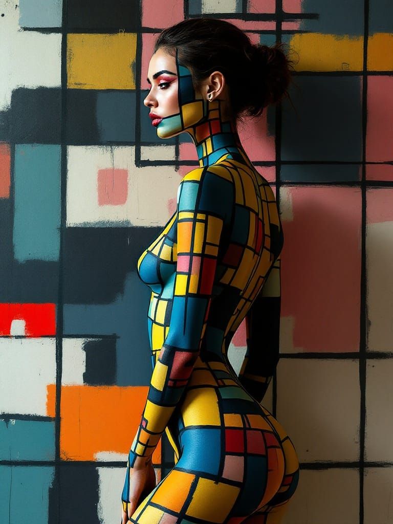Woman Merges with Geometric Wall in Fashion Editorial Style