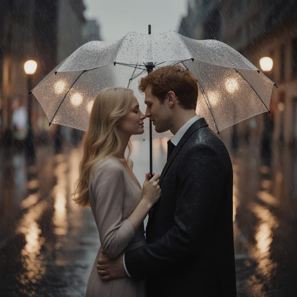 Romantic Couple Sharing Umbrella in City Rain