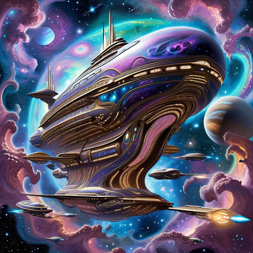 Art Nouveau Spaceship in Nebula, Photorealistic Style