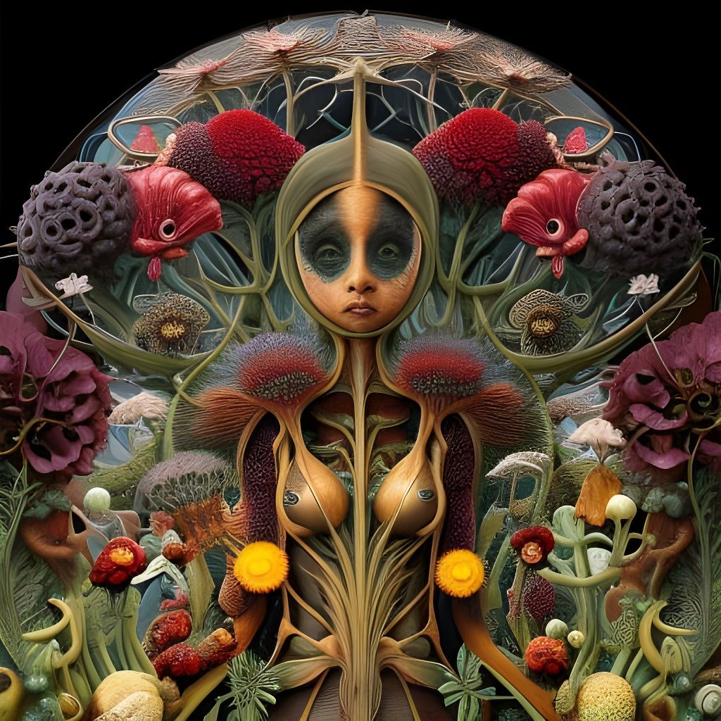 Grotesque Girl Holding Flowers in Symmetrical Collage