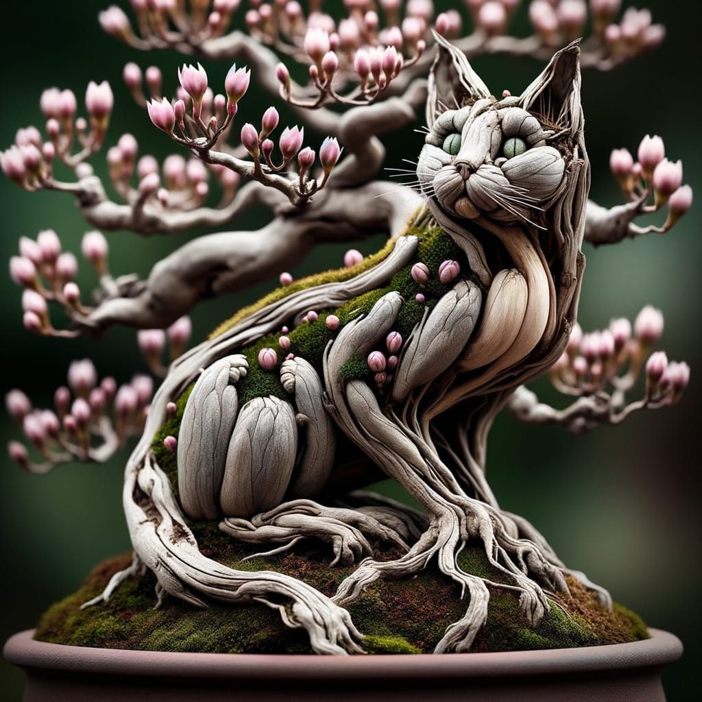 Bonsai Tree with Cat-Shaped Blossoms