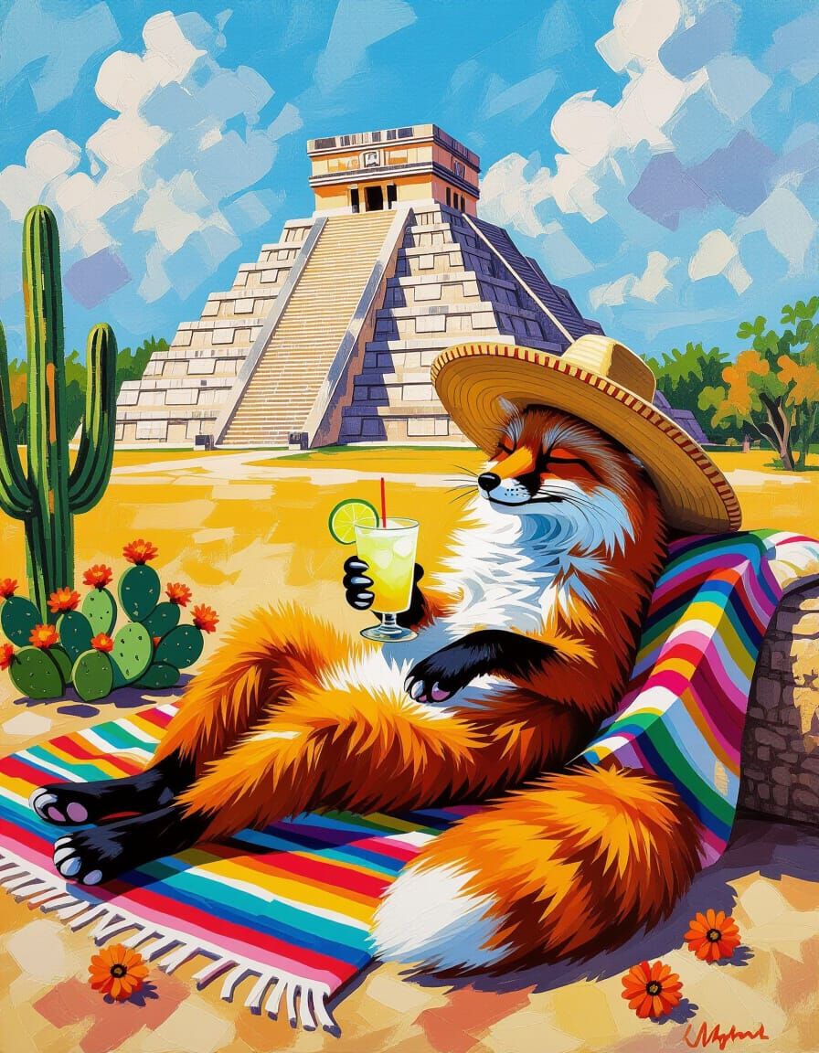 Fox at Chichen Itza: An Impasto Oil Painting