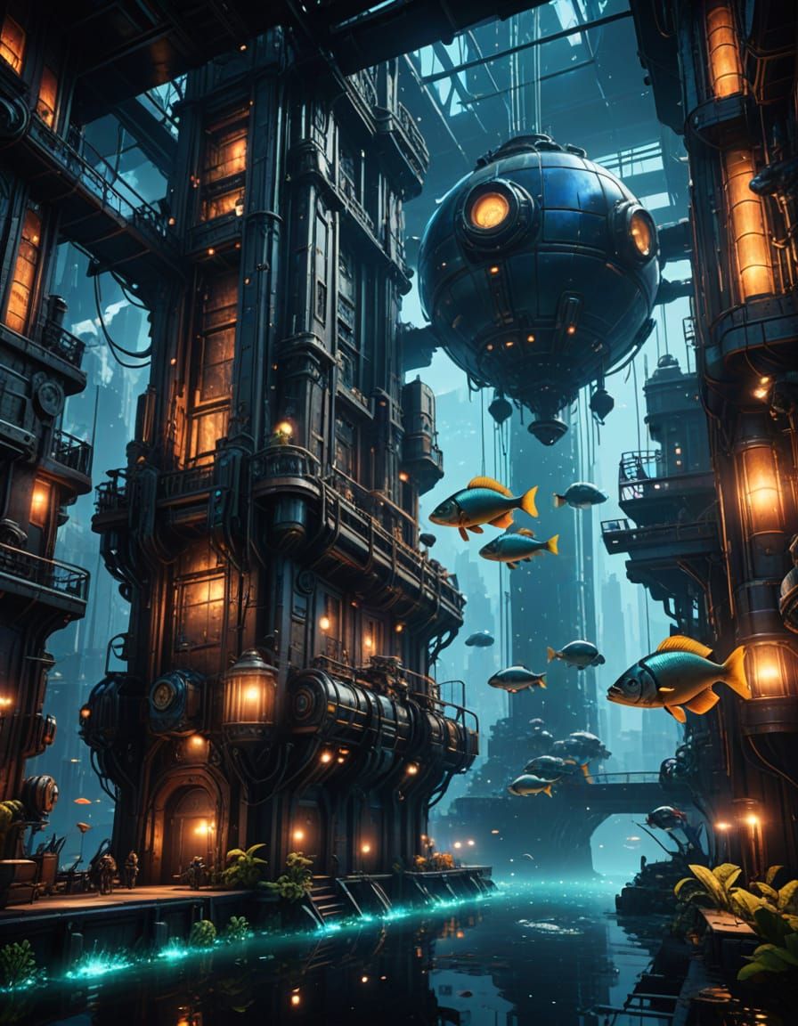 Futuristic Steampunk Underwater City in 3D