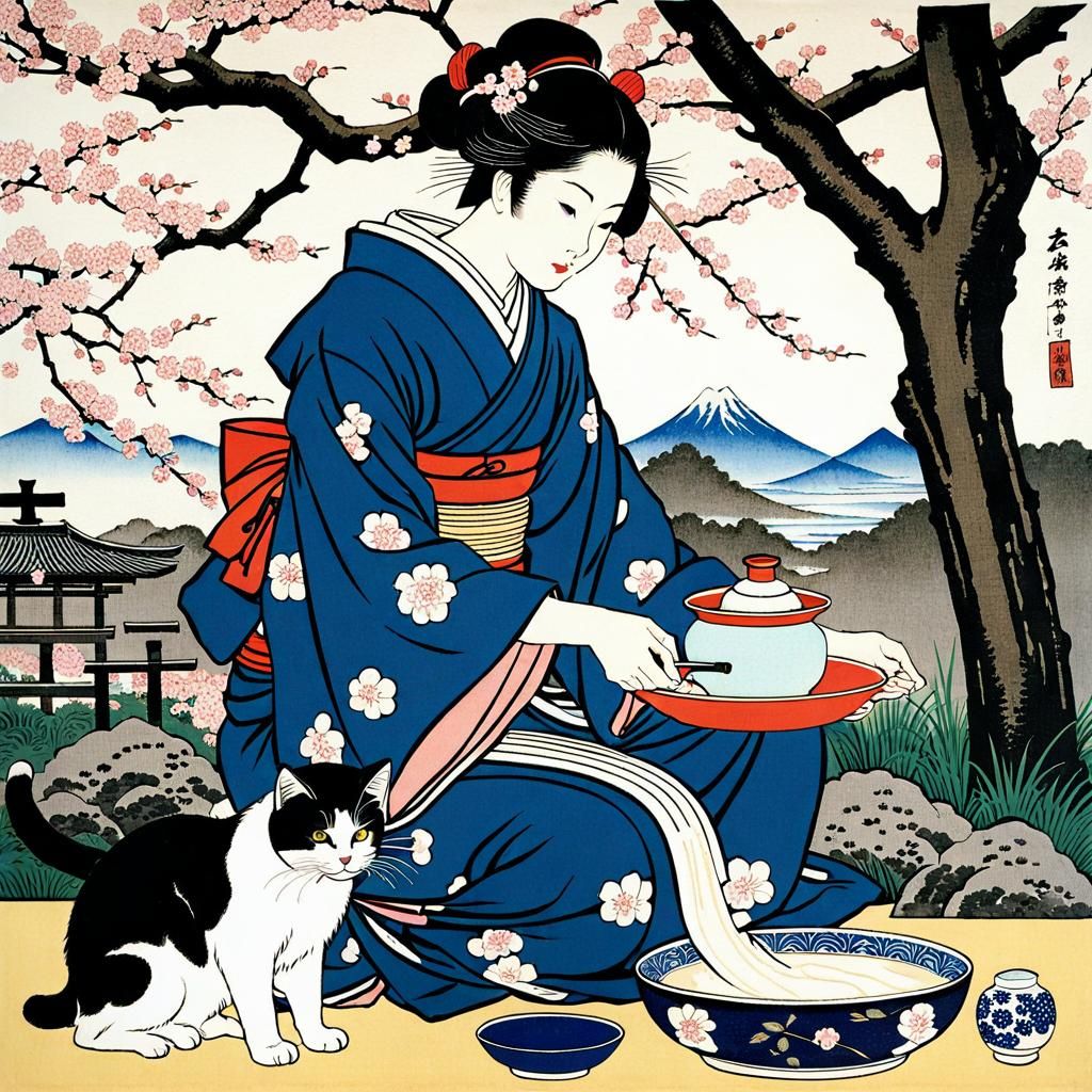 Japanese Lady and Cat in Ukiyo-e Garden