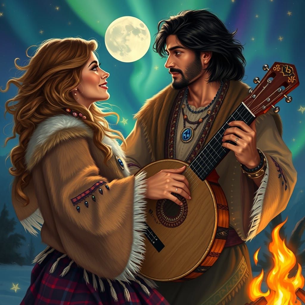 Viking Princess and Bedouin Musician Dance Under Aurora Bore...