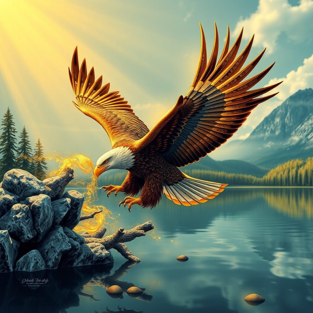 Golden Eagle in Serene Lake Landscape