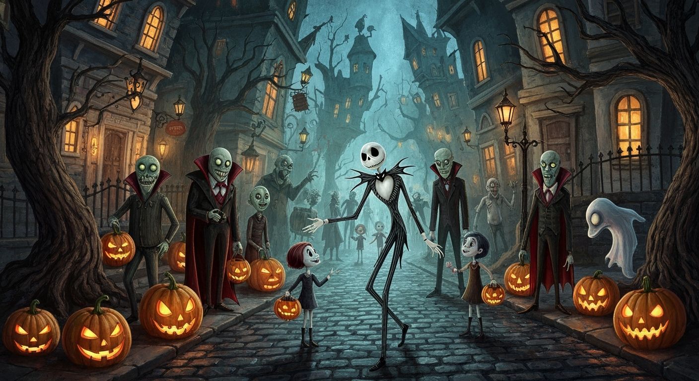 Halloween Town Street Scene with Jack Skellington