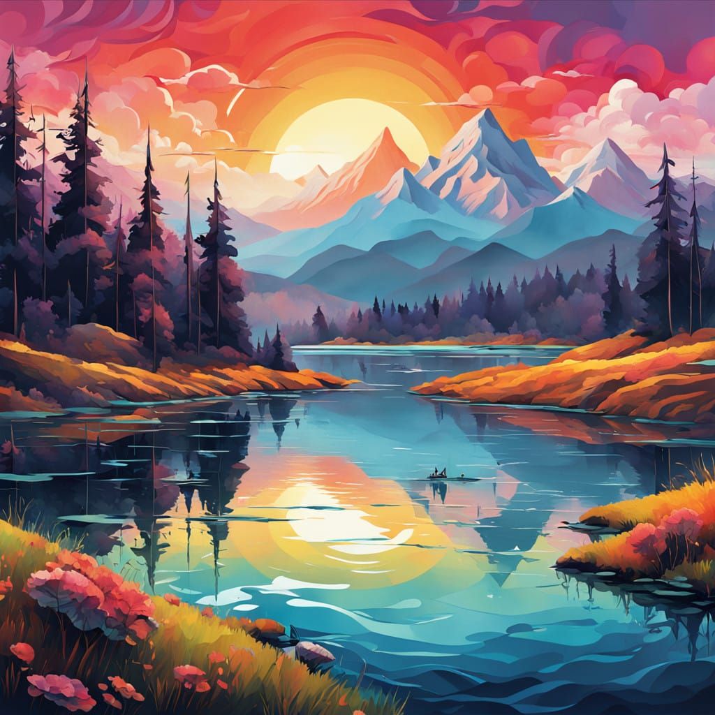 Surreal Sunset Landscape in Vibrant Digital Art Style