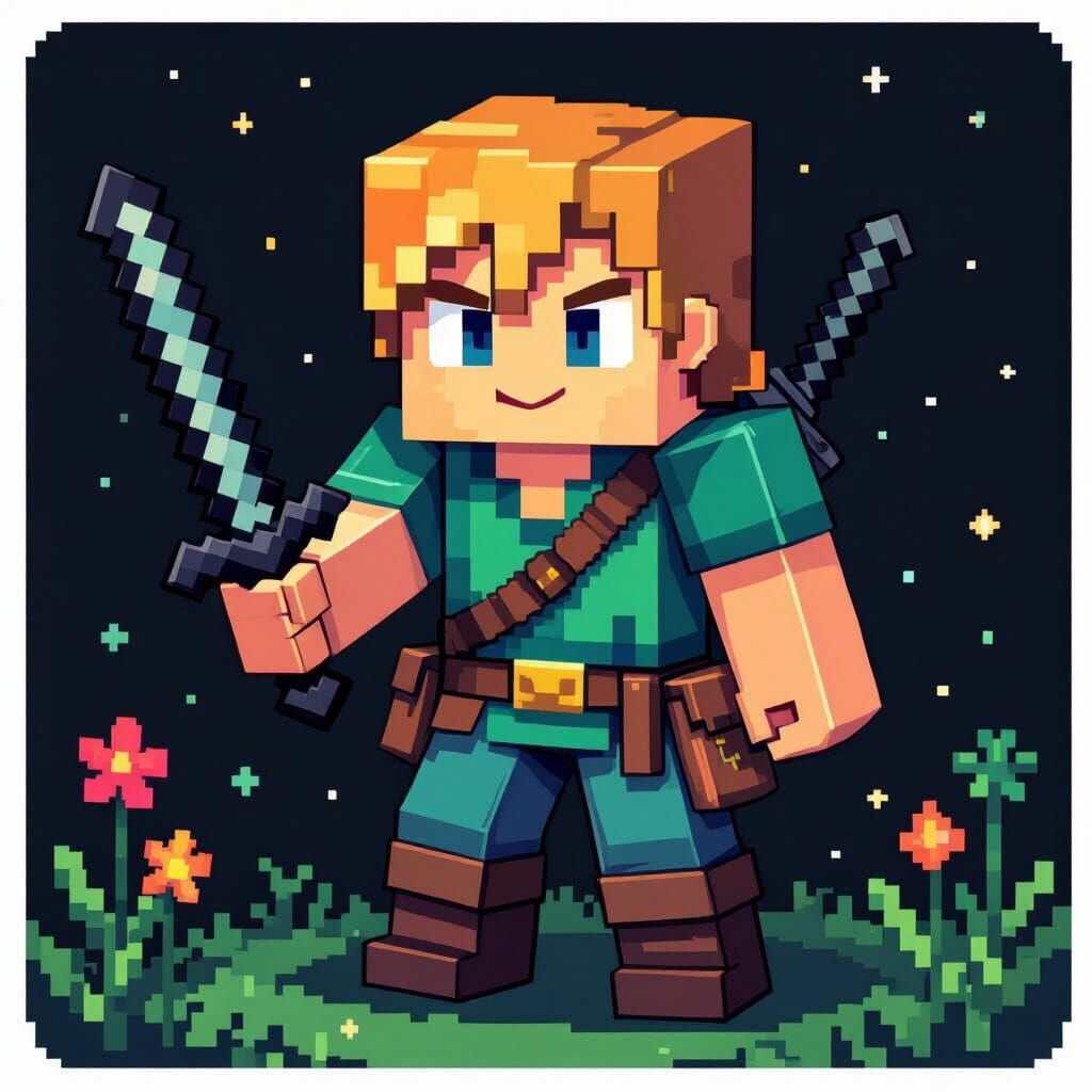 Minecraft Character in Ghibli Style Holding Black Sword