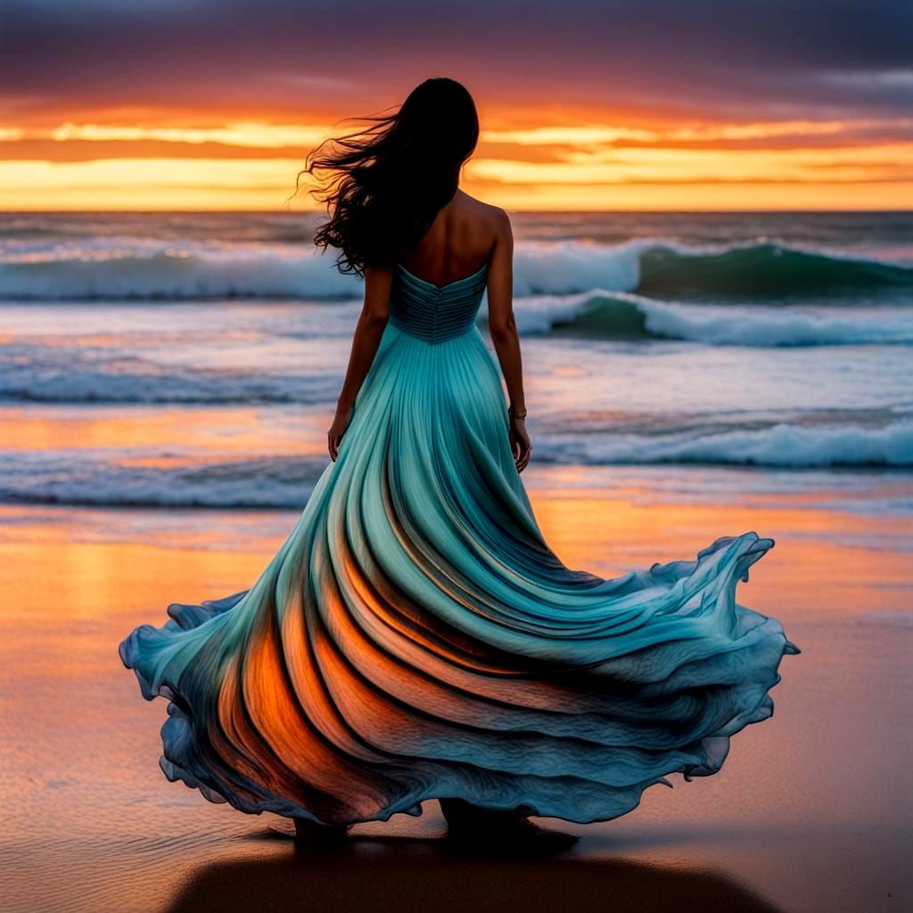 Sunset Waves Form a Lady on the Beach